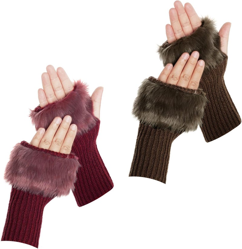 cnomg Winter Faux Fur Fingerless Gloves Faux Fur Half Finger Warmers Fingerless Gloves for Women Girls Working Writing - Image 1